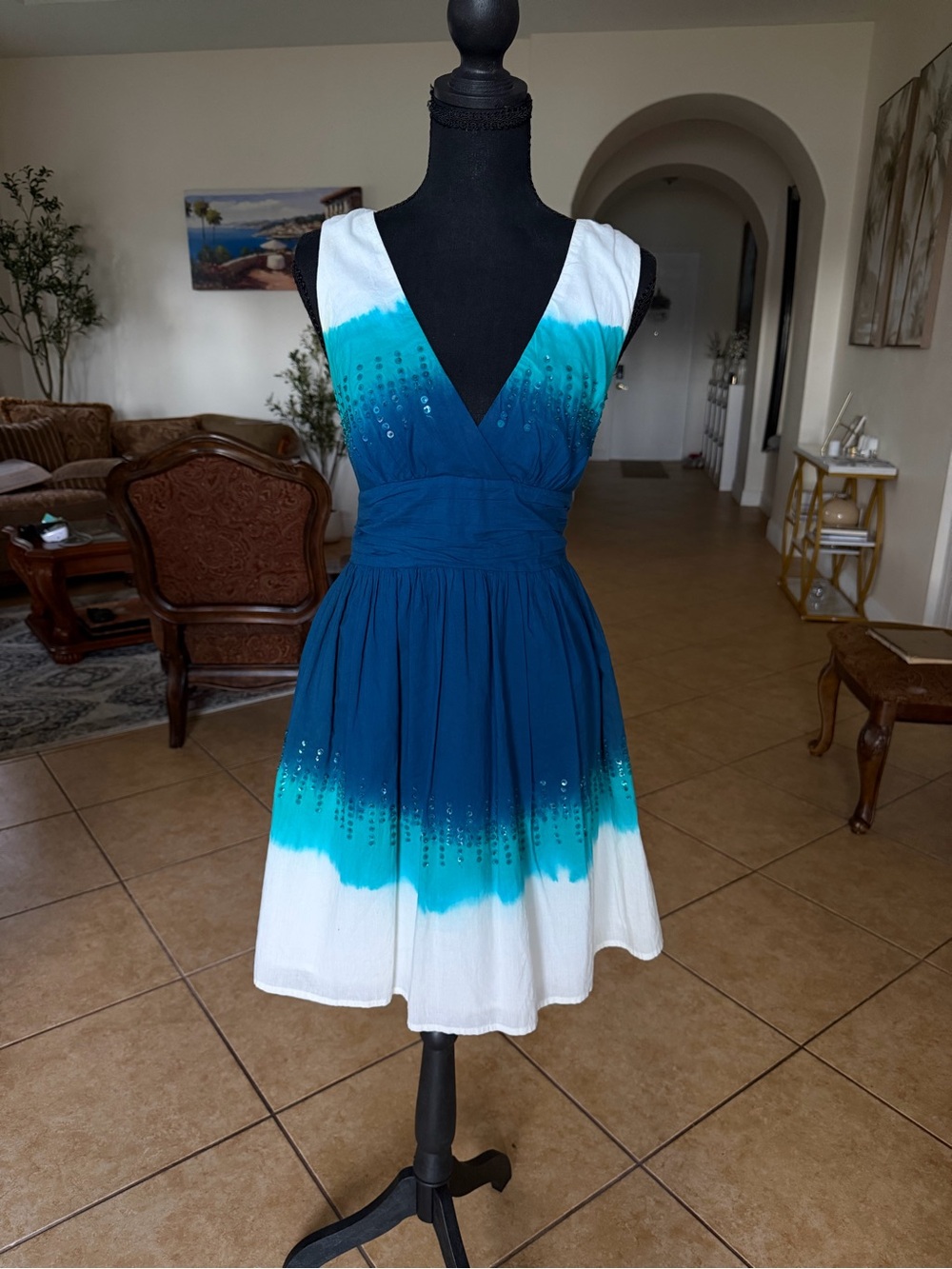 Vintage Guess Jeans Ombre Teal-to-White V-Neck beaded Dress